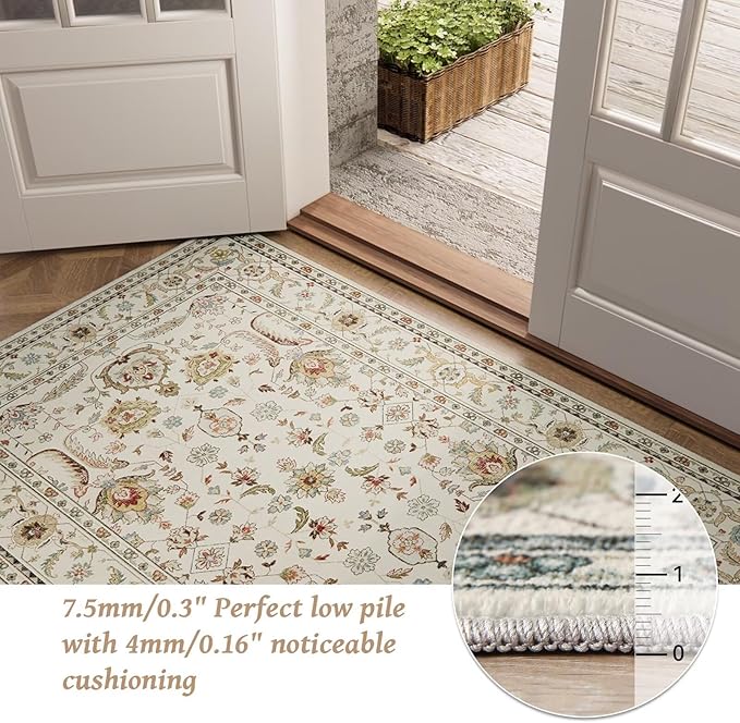 Washable 9x12 Area Rugs for Living Room, Boho Non-Slip Silicone Backing Rugs for Bedroom Dining Room Nursery Office, 0.3" Neutral Oriental Throw Carpet with 0.16" Cushioning Pad, Light Beige/Multi