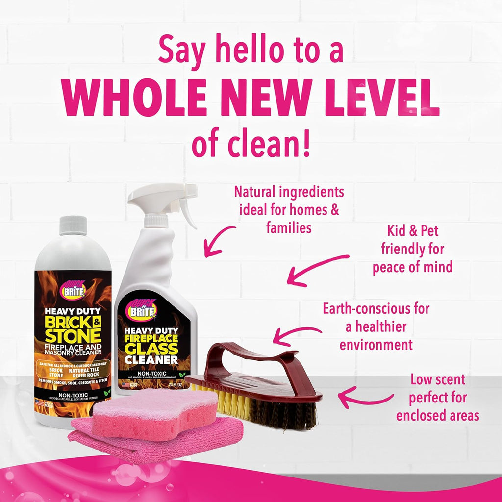 Quick N Brite Fireplace Cleaning Kit – Includes 24 oz Fireplace Glass Cleaner, 32 oz Gel Fireplace Cleaner, Scrub Brush, Sponge and Microfiber Towel