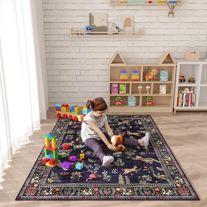 Rugcomf Area Rug 4x6 Rug Washable Boho Rugs Non Slip Low Pile Floral Animal Small Carpet for Bedroom, Bedside, Kids Room, Office, Dining Room (Blue)