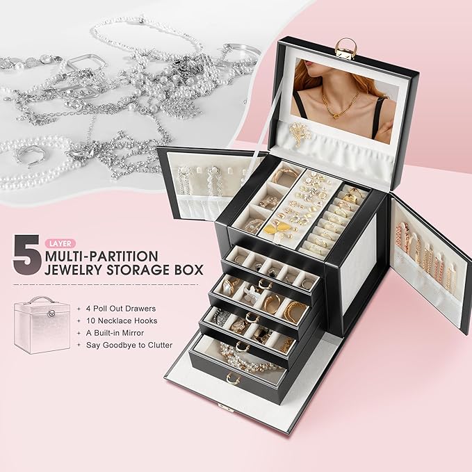 5-Layer Jewelry Box with 4 Drawers, Huge Portable Jewelry Organizer with Lock and Mirror for Women, for Necklace Ring Earring Bracelet Storage, Lockable Jewelry Case, Black