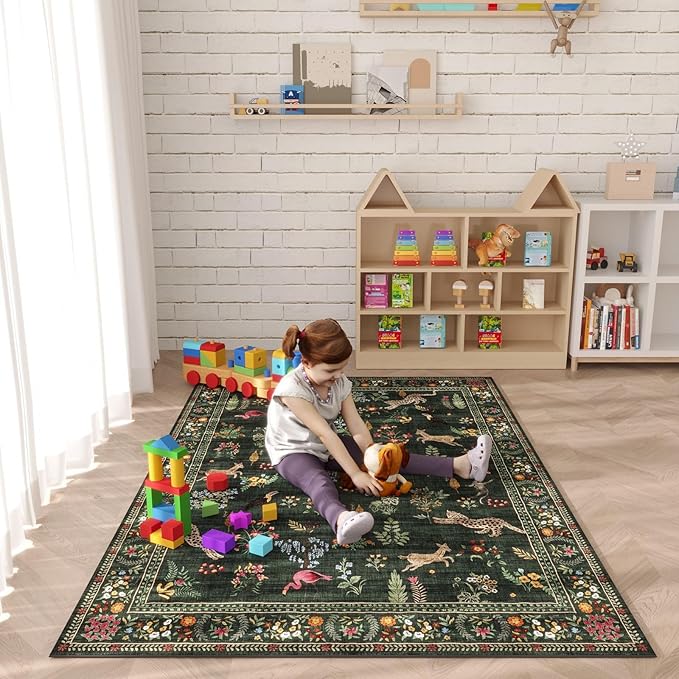 Rugcomf Area Rug 4x6 Rug Washable Boho Rugs Non Slip Low Pile Floral Animal Small Carpet for Bedroom, Bedside, Kids Room, Office, Dining Room (Green)