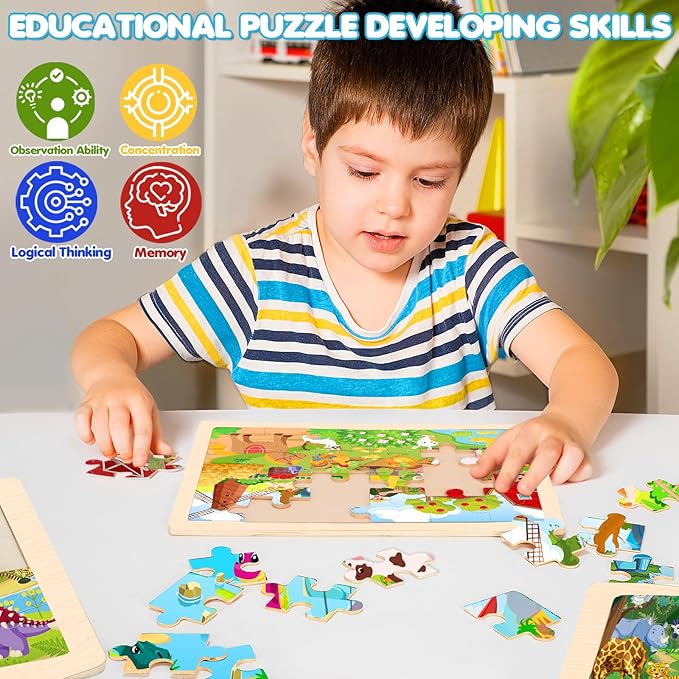 4 Packs Puzzles for Kids Ages 4-6, Wooden Animals Jigsaw Puzzles for Toddlers Ages 2-4, Preschool Educational Puzzles Boards Toys Gifts for 3 4 5 6 Boys Girls