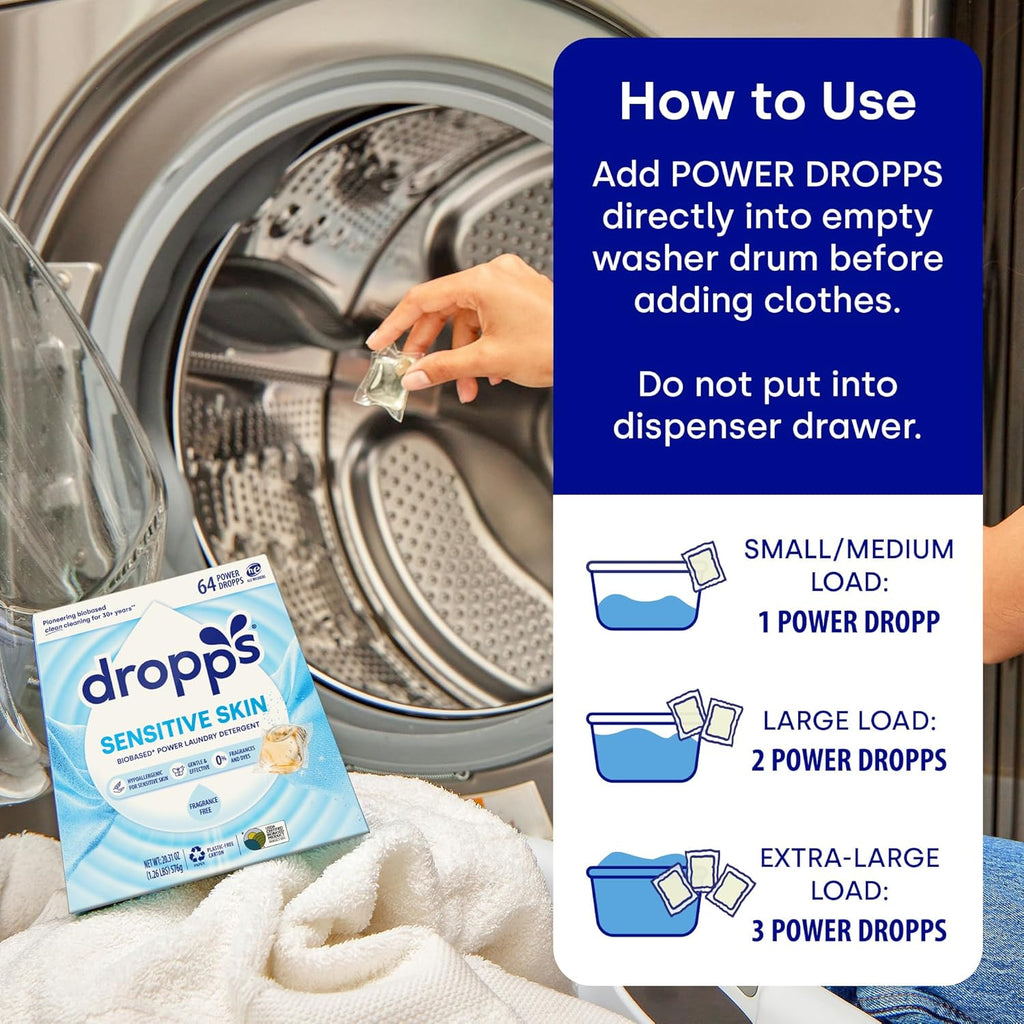Dropps Sensitive Skin Laundry Detergent Pods, Unscented (36 Count) - Dermatologist Tested Laundry Pods - HE Compatible Laundry Supplies for Clean Clothes, Vegan & Dye-Free