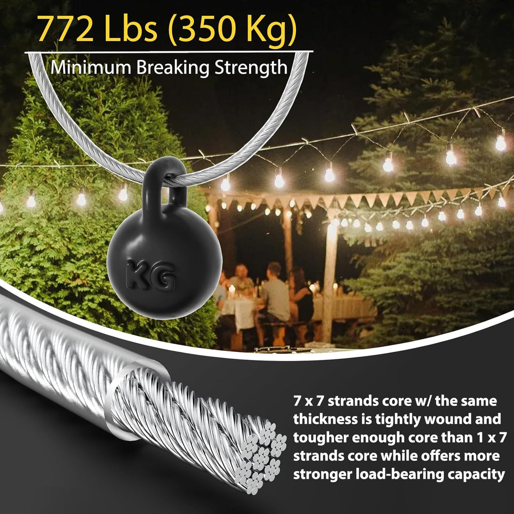1/8" Wire Rope Kit, 100 Ft PVC Coated Steel Cable Guide Wire Tensioner Strainer Kit w/ 7×7 Strand Core Steel Wire for String Light Hanging Kit/Decking & Stair Railings/Shade Sails/Clothes Line