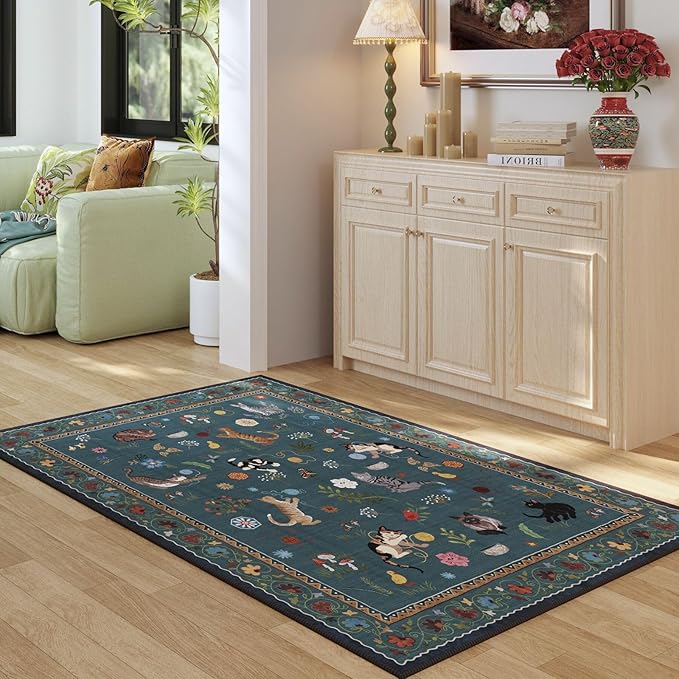 Rugcomf Bedroom Rug 3x5 Rug Washable Area Rug Non Slip Low Pile Boho Floral Animal Cat Small Carpet for Bedside Kitchen Entryway Kids Room Office College Dorm Essentials for Girls, Pearl Gentian Blue
