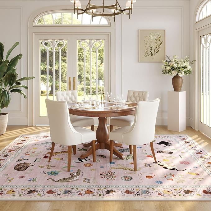 Rugcomf Area Rugs 8x10 Rug for Living Room Clearance Washable Boho Area Rug Non Slip Floral Animal Cat Vintage Low Pile Large Rug for Living Room Bedroom Farmhouse Dining Room Kids Playroom, Pink