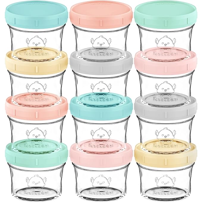 KeaBabies 12pk 4oz Glass Baby Food Containers with Lids - Leak-Proof, Microwavable Small Glass Jars, Baby Purees & Toddler Snack Storage Containers, BPA-Free, Dishwasher & Freezer Safe (Pastels)