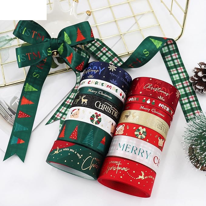 Christmas Gift Wrapping Ribbon, Red, Green, 2 Rolls Printed Grosgrain Ribbons for Crafts, Floral Bouquets, Sewing, Party and Festive Holiday Decor (2 Rolls(Black/Gold), 1 Rolls=5/8in * 5Yards)