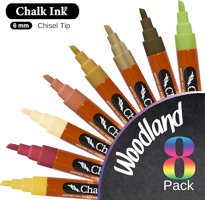 Chalk Ink Chisel Tip Wet Wipe Chalk Markers (Woodland, 6mm, 8 Pack)