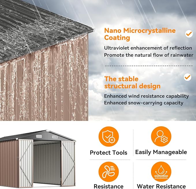8×15FT Outdoor Storage Shed, Metal Garden Shed with Lockable Double Doors & Sloping Roof, Weather-Resistant Tool Shed for Backyard, Patio, Poolside Brown