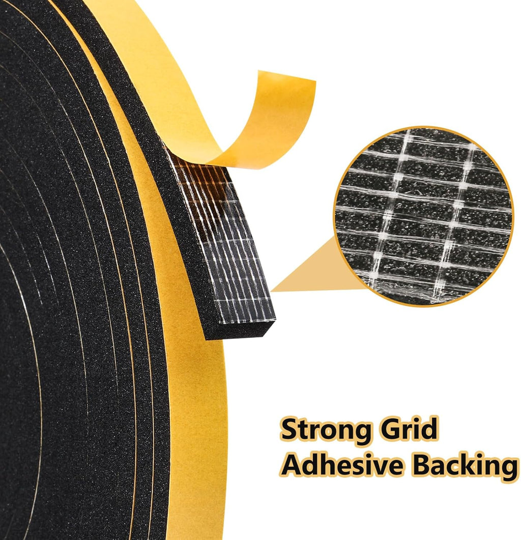 Black Weather Stripping Door Seal Strip (3/5 Inch X 1/16 Inch X 32Feet), Strong Adhesive, Lightproof, Soundproof, Weatherproof Foam Tape Insulation for Sliding Door, Front Door Frame, Windows