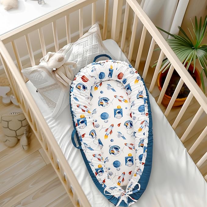 Baby Lounger Cover for Boys Girls, Reversible Baby Nest Cover, Adjustable Baby Lounger Replaceable Cover for Infant Newborn, Portable and Machine Washable, Cotton Blue Rocket Cover Only