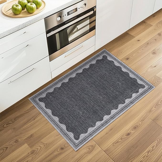 Scalloped Rug 2x3 Rugs for Entryway, Solid Grey Rug Small Area Rug Non Slip Scalloped Bath Mat, Washable Rugs Front Door Mat Indoor Entrance,Soft Girls Nursery Dorm Carpet for Bedroom Kitchen
