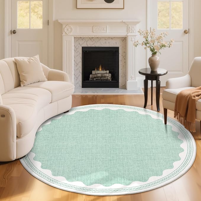 Scalloped Round Rug 6ft, Small Area Rugs Solid GreenRug for Bedroom Girls, Washable Rugs for Living Room, Non Slip Scalloped Round Bath Mat, Soft Dorm Nursery Carpet for Bedside