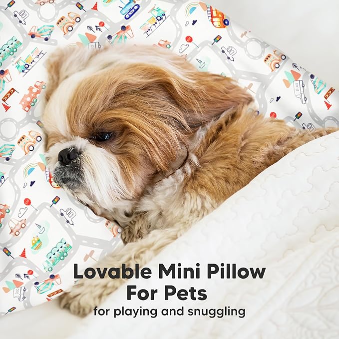 Mini Toddler Pillow with Pillowcase - 9x13 My Little Dreamy Travel Kids Pillow for Sleeping, Toddler Bed, Small, Tiny, Organic Cotton Pillowcase, Soft & Breathable, Kids 2-4 Years Old (Roadway)