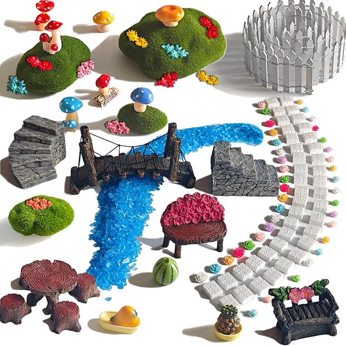 Fairy Garden Kit with 118 Pieces, Miniature Resin Figurines, Mushrooms, Bridge, Steps, Moss, Faux Flowers, Fake Fence, Crystal Gravel & Garden Accessories for DIY Fairy Gardens and Miniature Dioramas