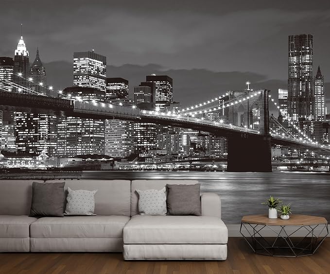 Grey City Wallpaper Brooklyn Bridge Nightscape Wall Mural for Living Room Bedroom Dining Room Office(Not Self-Adhesive)