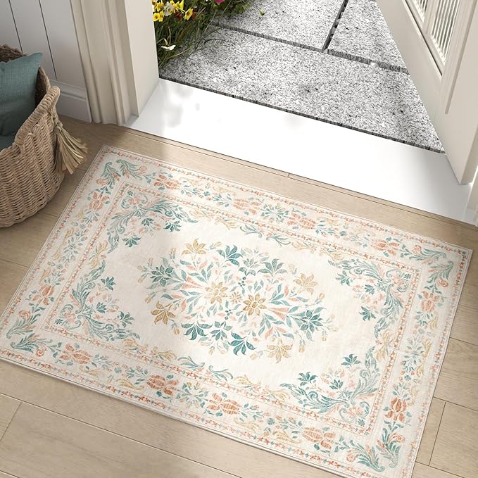 jinchan Spring Floral 2x3 Rugs for Entryway - Vintage Washable Area Rug Ultra-Thin Low Pile Soft Small Non Slip Distressed Indoor Doormat Accent for Entrance Kitchen Bedroom (2x3ft,Apricot Multi)