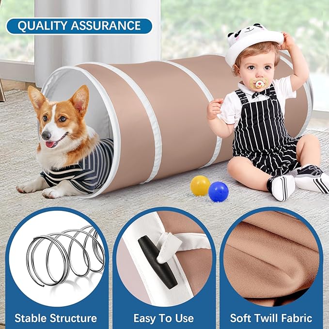 Kids Play Tunnel Tent for Toddlers, Pop Up Crawl Tunnel Toy for Baby or Pet with Neutral Color, Collapsible Gift for Boy and Girl Play Tunnel Indoor and Outdoor Game (Brown Tunnel)
