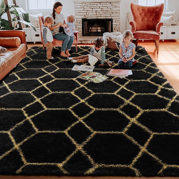 ONASAR 8x10 Area Rugs for Living Room, Fluffy Black and Gold Bedroom Rug, Washable Geometric Boho Large Soft Plush Shaggy Fuzzy Floor Carpet for Nursery Kids Classroom Playroom Dorm Home Decor