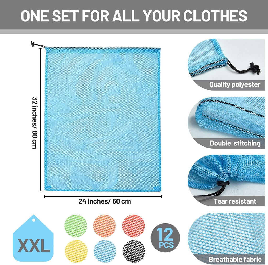 Berlune 12 Pcs Large Laundry Bag Colorful Extra Large Mesh Laundry Bag Bulk with Drawstring Heavy Duty Mesh Machine Washable Drawstring Pouch (32 * 24in)