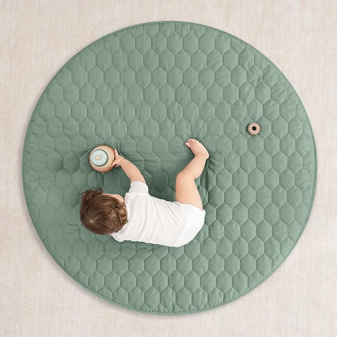 Comfy Cubs Round Kids Play Mat - Medium 48 inches Soft Quilted Baby Floor Mat with Non-Slip Bottom - Plush Design for Toddlers' Playtime and Relaxation - Comfortable and Durable - Fern