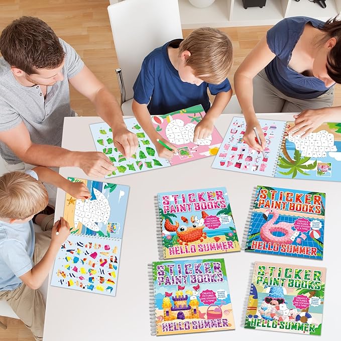 4Pcs Summer Paint by Sticker Books for Kids Ages 4-8 Hello Summer Sticker by Number Books Activity Book for Kids Age 3-5 Puzzle Book Craft Art Toddler Gift with Crab Flamingo Sand Castle 32 Pictures