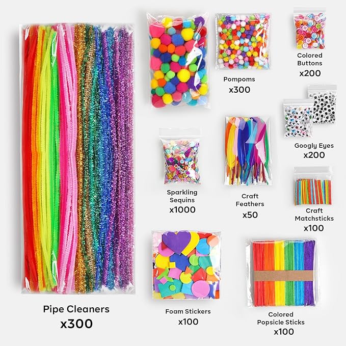 FUNZBO 2000Pcs+ Arts & Crafts Supplies Kits for Kids, DIY Craft Supplies for Toddlers Art Supply Tools Set Include Pipe Cleaners,Pom Poms and Feather, Crafts Birthday Gifts for Kid Girls Ages 4-8-12