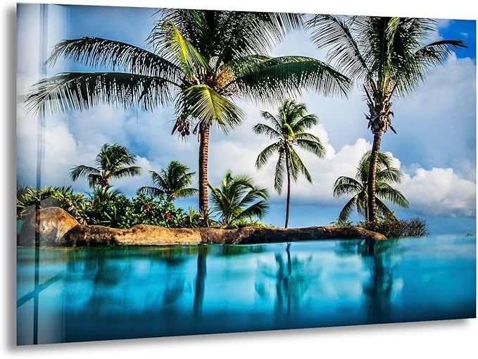 My Photostation.com 43Wx27H'' Island & Blue Sea Glass Wall ArtTempered Glass Printing Wall Decor Large Wall Art Wall Hangings