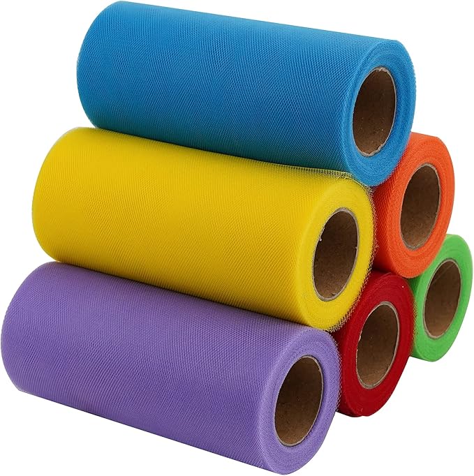 MEEDEE Rainbow Tulle Ribbon 6 Colors Roll Tulle Fabric Rainbow Spool Ribbon for Tutus Wedding Decorations Party Decorations Gift Wrapping Skirt Dress (6 inch by 25 Yards/Roll)