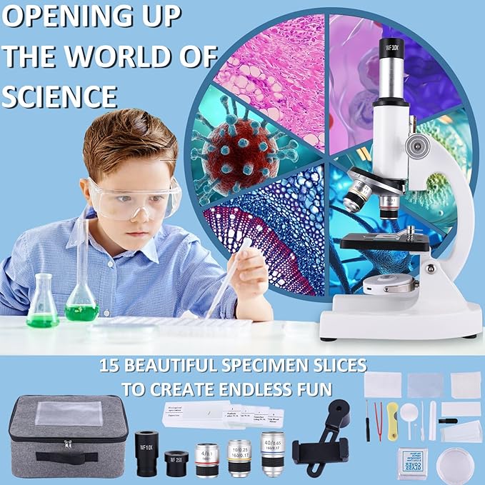 Microscope for Kids 40X-2000X, Microscope for Children 8-12 Years Old with LED Fill Light, Slides and specimens Ideal for School Labs Homeschooling