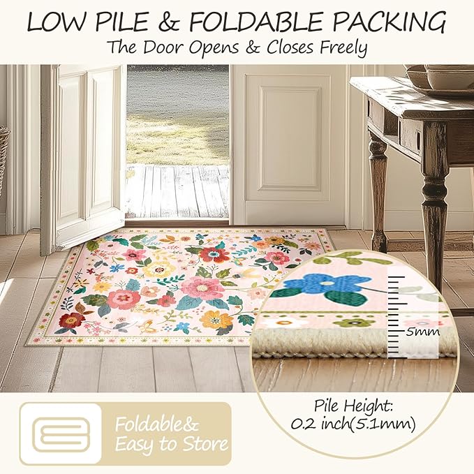 Floral 6x9 Area Rug Machine Washable Soft Print Boho Carpet Non Slip Doormat Low Pile Flower Area Rugs for Living Room Bedroom Nursery Kitchen Dining Room Indoor-Pink