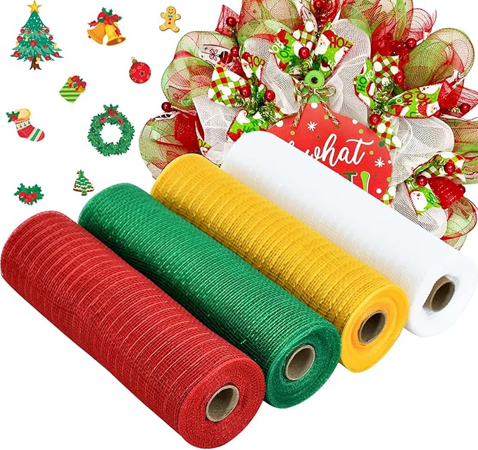 TONIFUL 4 Roll 10 Inch Red White Green Gold Decorative Mesh Ribbon Rolls, Fabric Mesh with Foil for Wreaths Front Door Decor Christmas Festival Party Accessories Party Decoration Supplies (10yds/roll