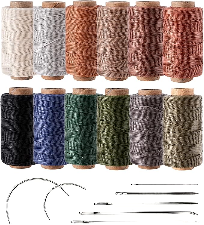 Round Polyester Waxed Thread 0.55mm, 12 Neutral Colors 76 Yards/Spool Wax Coated String Thin Cord for Leather Upholstery Sewing, Stitching, Bookbinding, Beading, Micro Knotting and Braiding