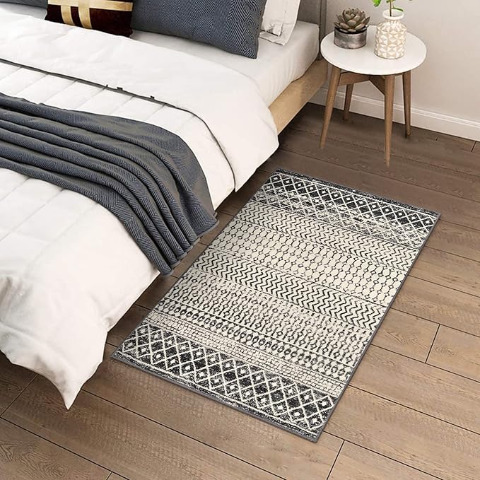 Moroccan Area Rug, 2x3 Black Distressed Entryway Rug Non-Slip Small Rug, Soft Low-Pile Washable Indoor Door Mat Floor Carpet for Entrance Bedroom Kitchen Bathroom