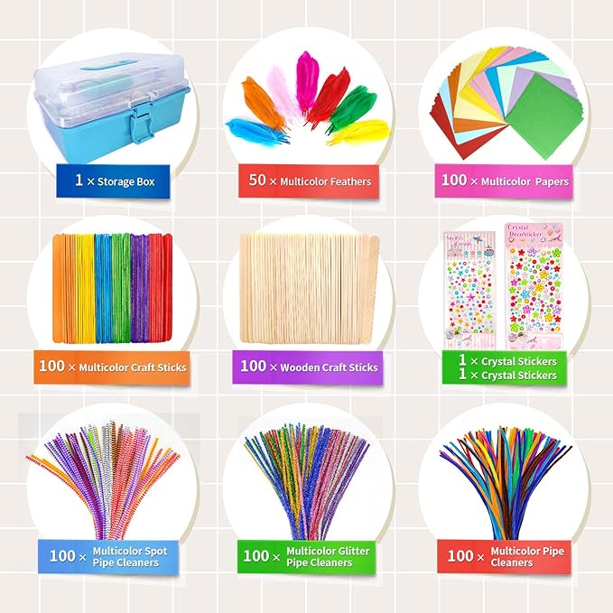 1405 Pcs Art and Craft Supplies for Kids, Toddler DIY Craft Art Supply Set Included Pipe Cleaners, Pom Poms, Feather, Folding Storage Box - All in One for Craft DIY Art Supplies (Blue)