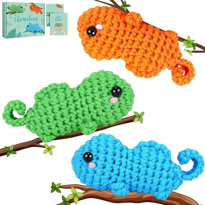 Crochet Kit for Beginners - 3 PCS Baby Chameleon Crochet Kits with Step-by-Step Video Tutorials, Beginner Crochet Kit for Adults Kids, Chameleon Crocheting Set (Orange&Blue&Green)