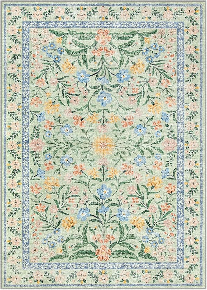 Wonnitar Machine Washable 5x7 Area Rug, Boho Floral Rugs for Living Room Non-Slip, Soft Pink and Green Flower Ultra-Thin Non Shedding Carpet for Bedroom Dining Room Nursery