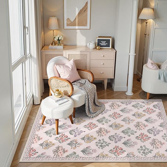 Wonnitar Pink Rugs for Bedroom Girls Nursery, Washable 5x7 Floral Rug, Boho Ultra-Thin Non Slip Soft Indoor Decor Carpet for Kids Room Playroom Living Room Dorm, Pale Pink