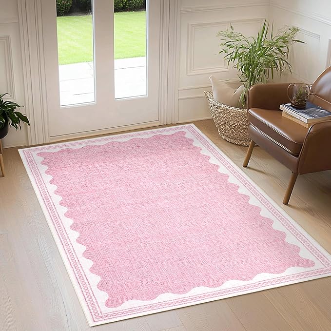 Scalloped Rug 4x6 Rugs for Entryway, Small Area Rugs Solid Pink Rug for Bedroom Girls, 4x6 Washable Rugs for Living Room, Non Slip Scalloped Bath Mat, Soft Dorm Nursery Carpet for Bedside