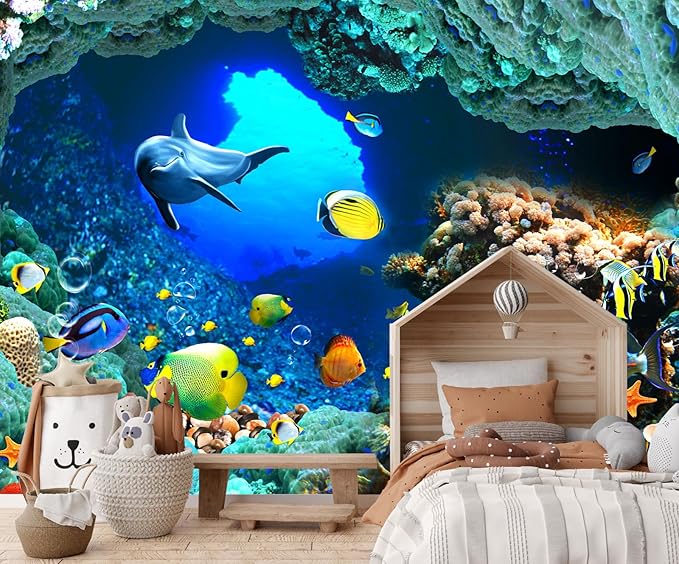 The Undersea World Wallpaper Ocean Dolphin Fish Wall Mural Large Wall Decor for Living Room Bedroom Dining Room(Not Self-Adhesive)