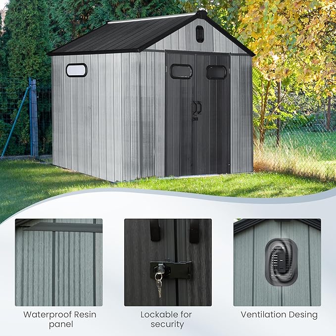 Domi 8x6 FT Outdoor Resin Storage Shed, All-Weather Double-Wall Storage Building for Backyard, Garden, Lawn Tools, Mower, Bike & Pool Equipment, Lockable Doors, Ventilated Roof, Grey