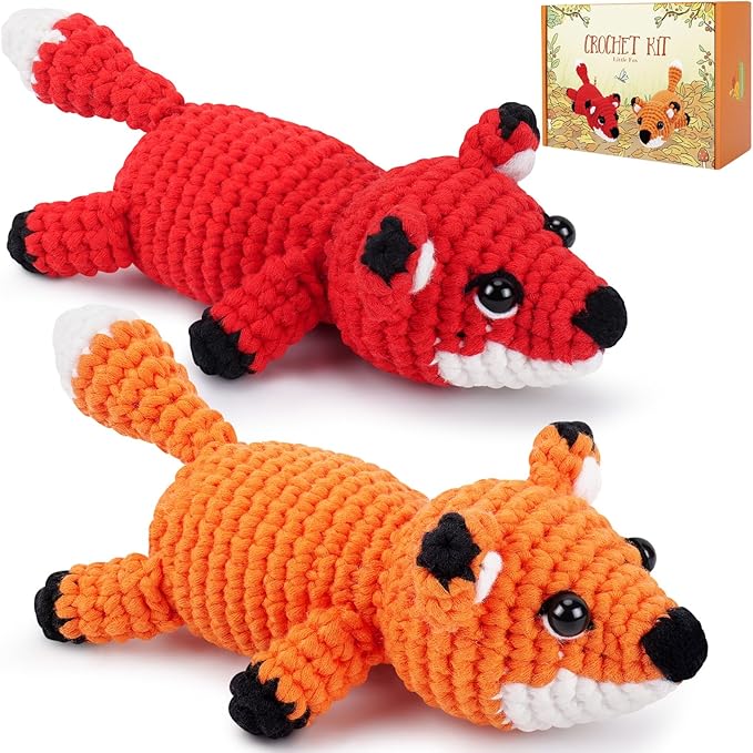 Crochet Kit for Beginners - 2 PCS Fox Crochet Kits with Step-by-Step Video Tutorials, Beginner Crochet Kit for Adults, Crochet Animal Kit for Kids, Crochet Fox Set (Orange & Red)