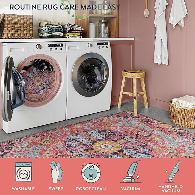 Lahome Bohemian Floral Medallion Runner Rug - 2x6 Hot Pink Hallway Runner Laundry Mat, Machine Washable Non-Slip Soft Indoor Carpet for Bathroom Bedside Basement Camper Home Decor, Fuchsia/Multi