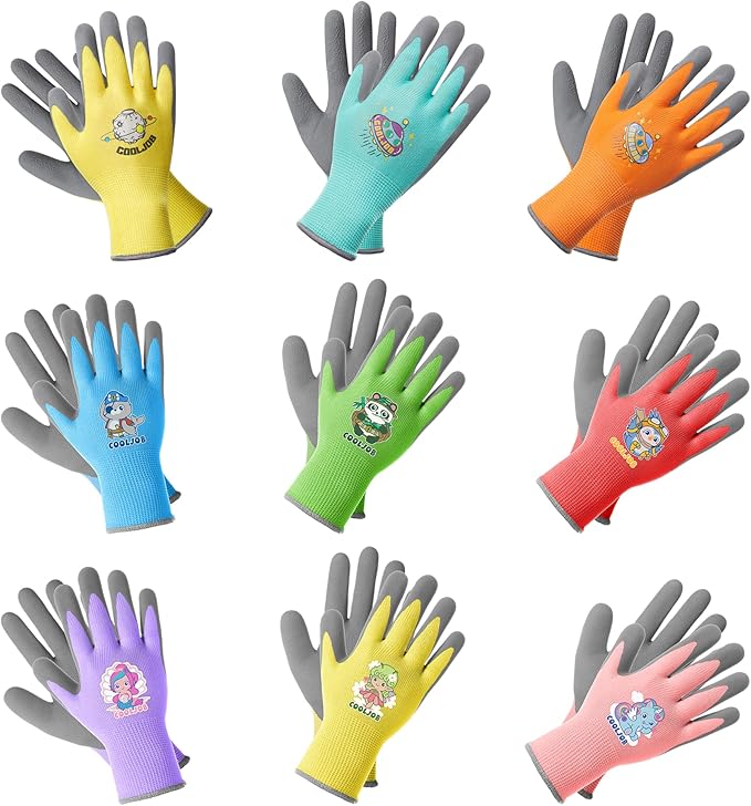 COOLJOB 36 Pairs Kids Gardening Gloves for Little Kid Age 9-12, Toddler Boys Girls Grippy Rubber Coated Children Work Gloves, Assorted Colors, Large