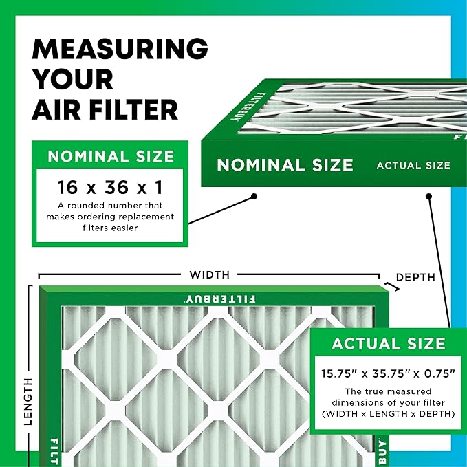 Filterbuy 16x36x1 Air Filter MERV 13 Optimal Smoke & Allergy Defense (3-Pack), Electrostatic Pleated HVAC AC Furnace Filters Replacement, Made in USA (Actual Size: 15.75 x 35.75 x 0.75)