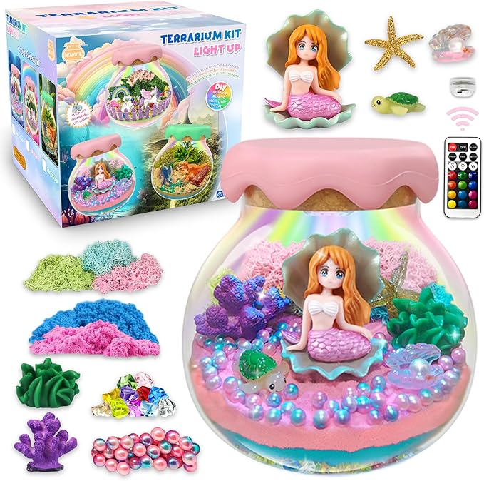 Mermaid Gift for Girls Mermaid Terrarium Kit for Kids Birthday Gift for Girls Ages 4 5 6 7 8-12 Year Old Light-Up Kit Crafts DIY Arts Toys Mermaid Toys for Girls Birthday Ideas Present for Kids