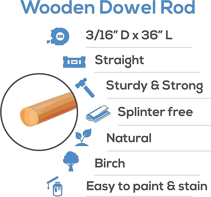 Wooden Dowel Rod, 3/16 Inch x 36 Inch Wood Dowels, Pack of 100 Wooden Dowels for Crafts, Unfinished Hardwood Wooden Dowels Rods, Strong Wood Rod Dowels for Crafting and DIYers