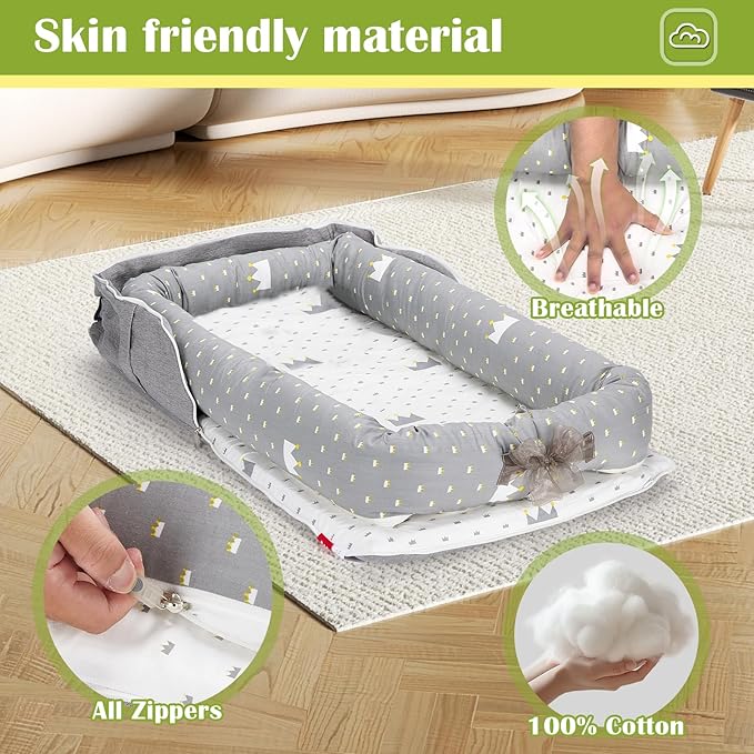 Baby Lounger for Newborn Portable Bag,Baby Lounger Play Mat for Awake-Time,Newborn Babies Essentials Gifts 0-24 Months Home Travel(Crown Grey)