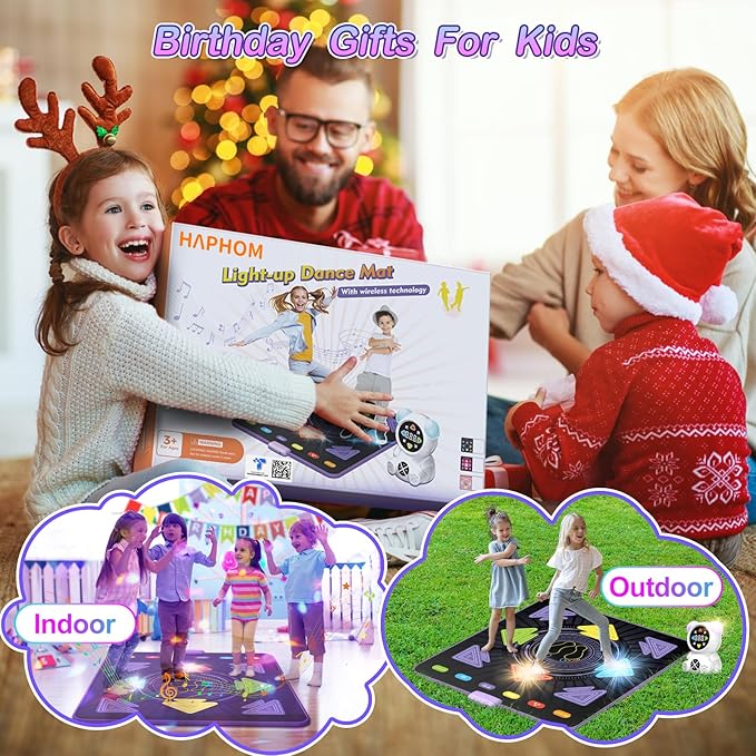 Dance Mat for Kids, Rechargeable Dance Mats for Girls and Boys, Light-up Dancing pad Game with Wireless Bluetooth, Christmas Birthday Gifts Ideas for 3 4 5 6 7 8 9 10 11 12 Year Old Kids
